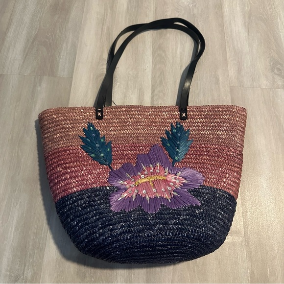 Pink Blue Floral Straw Large Tote Bag Purse - Picture 1 of 5